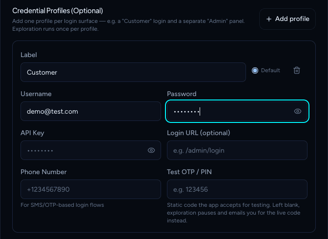 A TestOptim credential profile with Username, Password, API Key, Login URL, Phone Number and Test OTP / PIN fields
